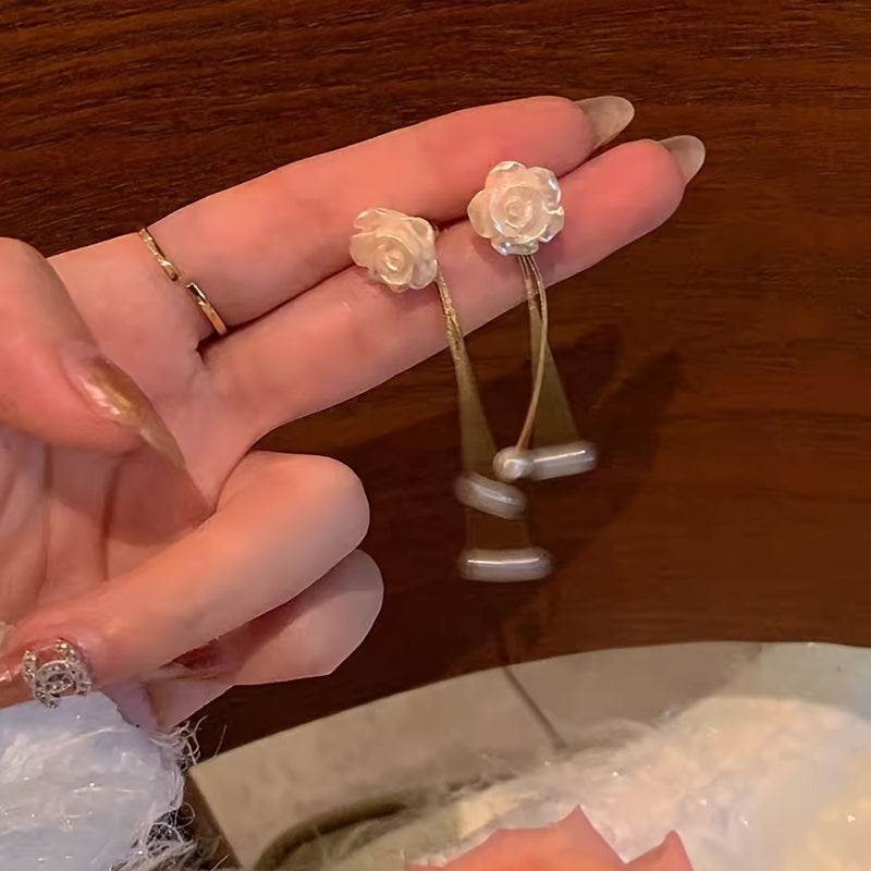 Camellia Tassel Stud Earrings Female Elegant Beautiful Fairy Style Light Luxury Pearl Earrings