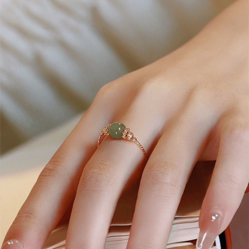 Luxury Copper Ring with Imitation Jade Bead, Elegant Thin Band Design