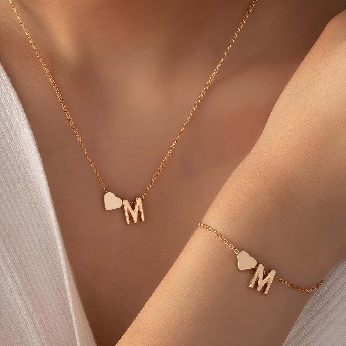 Set of Small Peach Heart Letter Necklace and Bracelet for Women