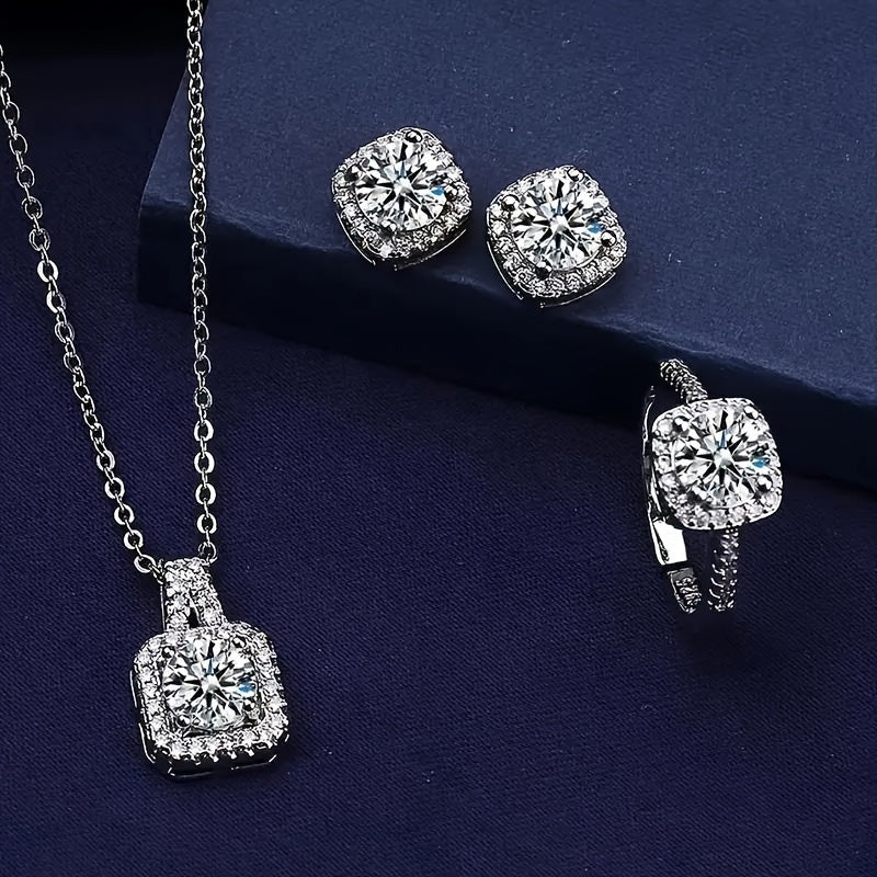 Cuboid Shiny Zirconia Inlaid Stud Earrings & Pendant Necklace & Ring Elegant Luxury Style Delicate Female Gift