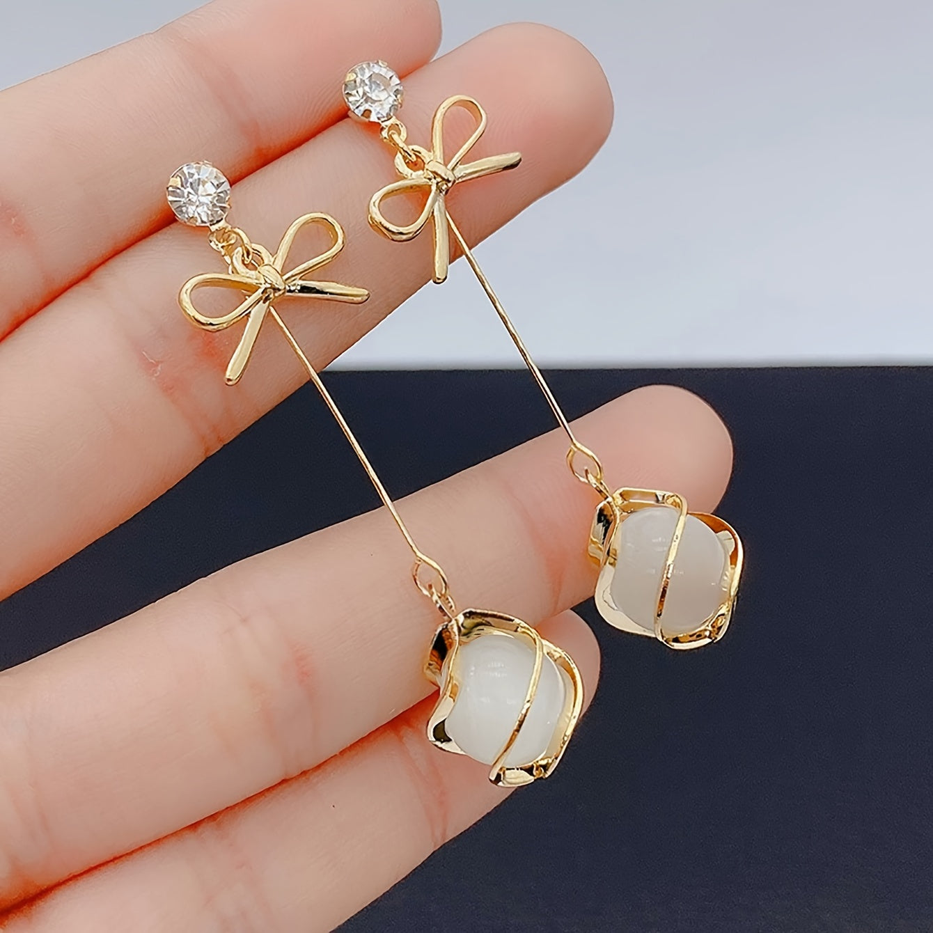Vintage Style Elegant Bowknot Drop Earrings with Glass Accents, Zinc Alloy Construction Earrings for Women