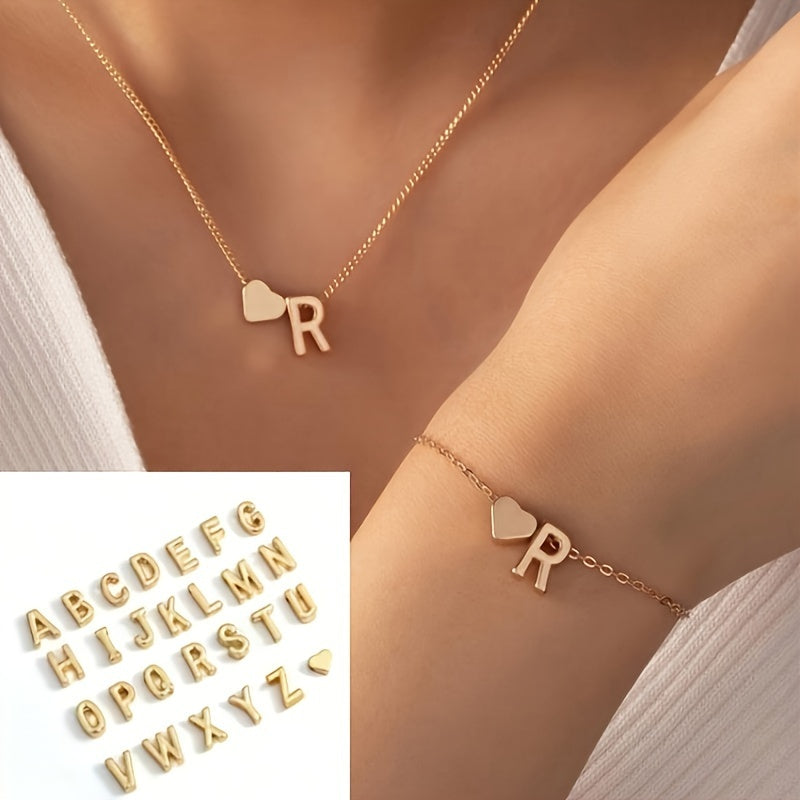 Set of Small Peach Heart Letter Necklace and Bracelet for Women