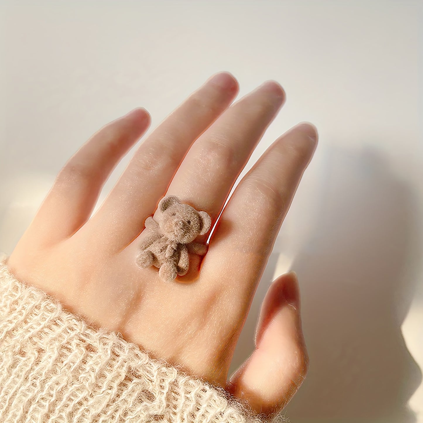 Cute Handmade Velvet Bear Ring, Adjustable