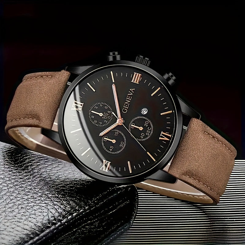 Geneva Vintage Men's Quartz Watch, Round Alloy Case, Analog Display, with Date Feature, PU Leather Strap, Battery Powered (Button Battery)