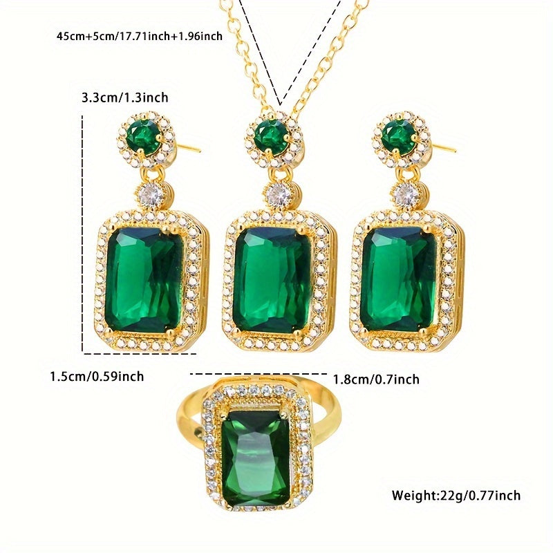 4-Piece Luxury Jewelry Set for Women, Retro Style Dark Green Glass Pendant Necklace and Earrings with Alloy Base