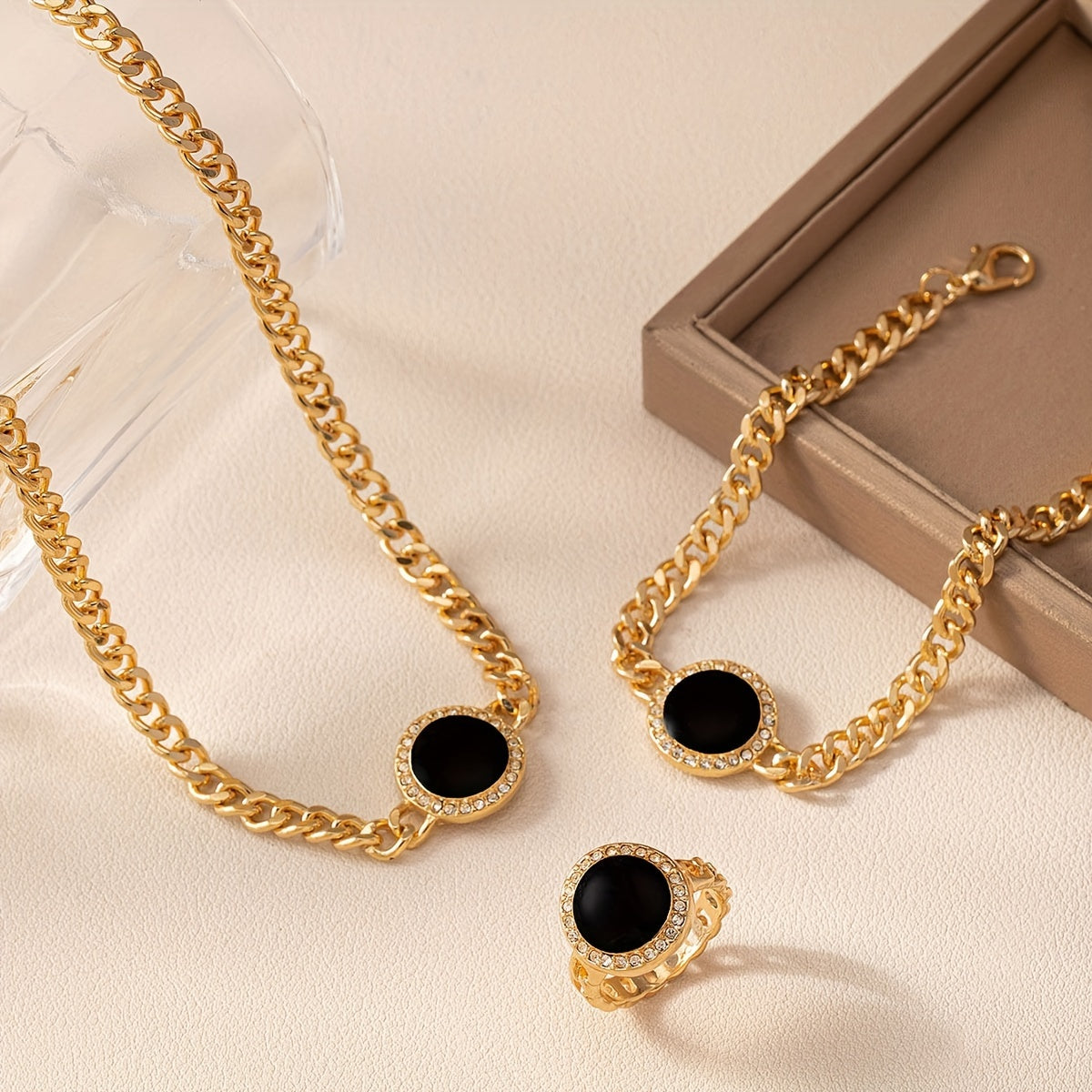 Simple and elegant black round necklace, ring, bracelet, three-piece set