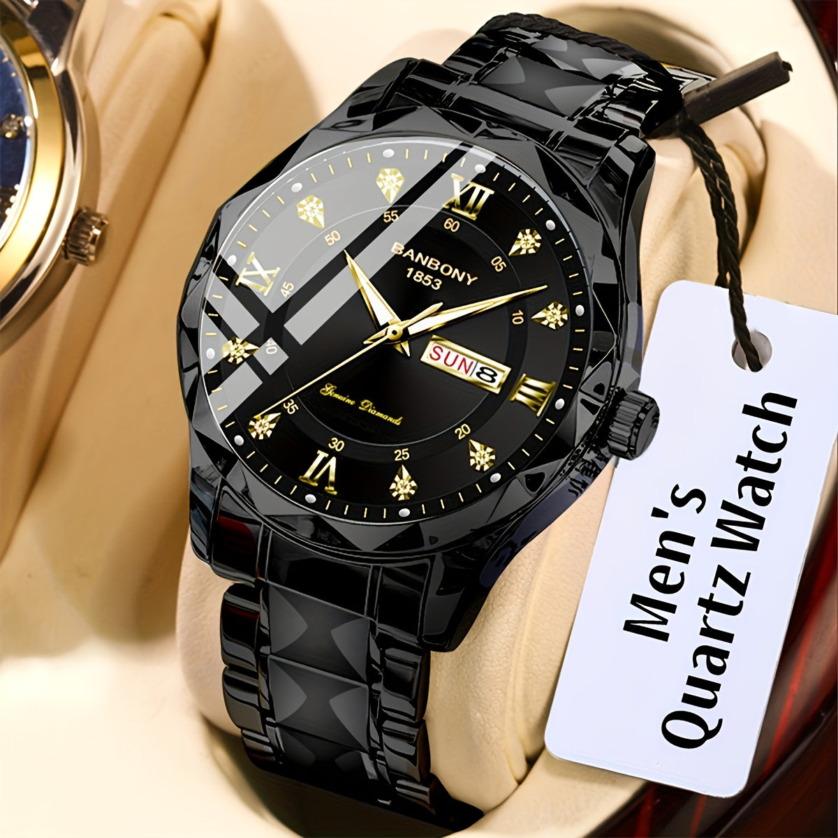 Stainless Steel Strap Men's Roman Numerals Dial Rhinestones Multifunctional Watch