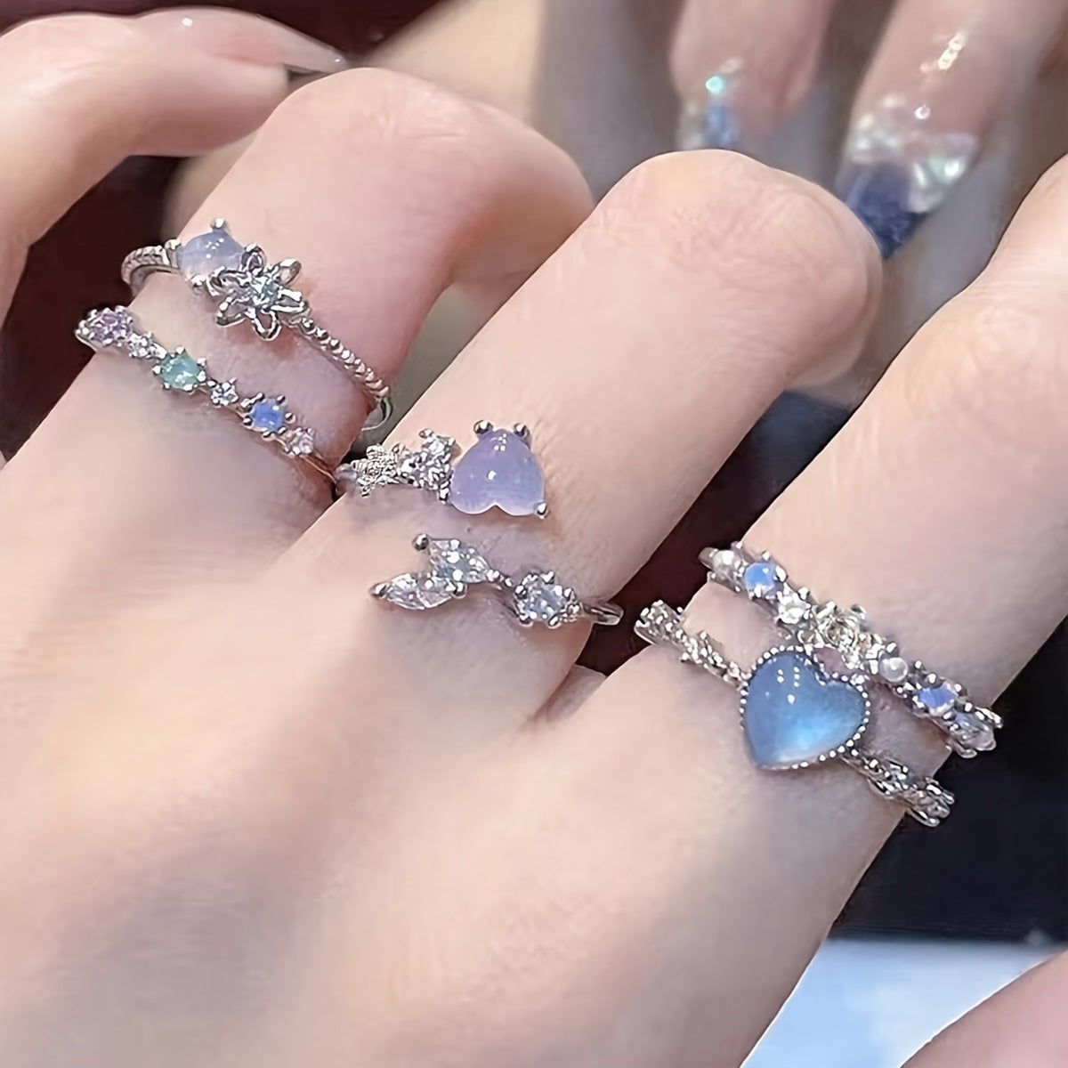 Elegant Vintage Zinc Alloy Open Ring Set for Women, 3pcs, Stackable Love Heart and Floral Design Rings, Adjustable