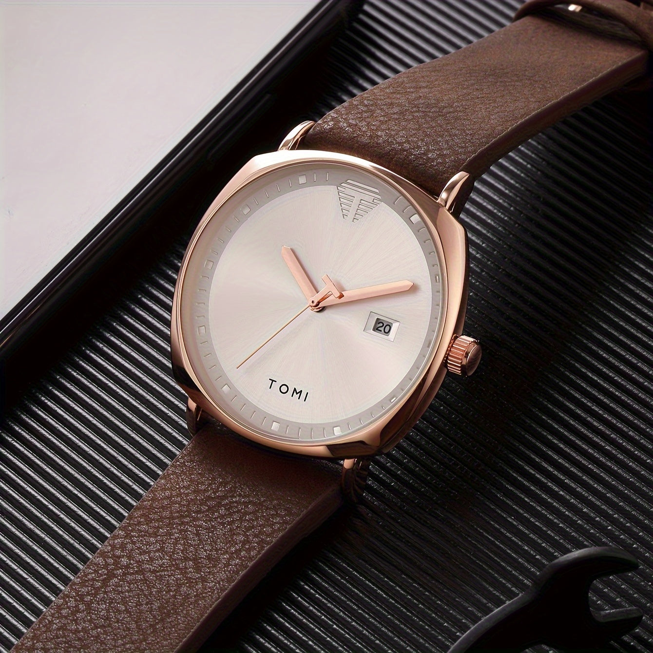TOMI Men'S Simple Style Quartz Watch with Moon Phase Calendar, Rectangle Case, Faux Leather Band, Non-Rechargeable Battery