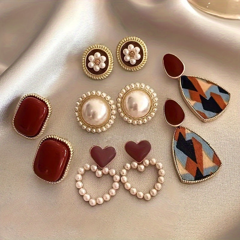 Vintage Luxury Earrings Set, Zinc Alloy Studs and Heart-Shaped Drop Earrings
