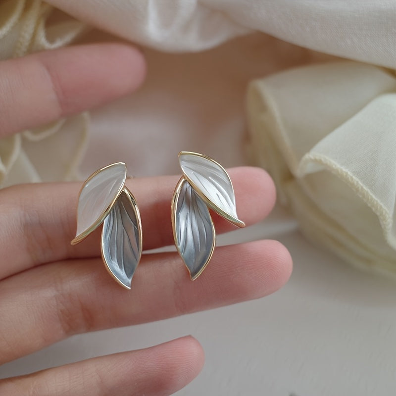 Double Leaf Design Stud Earrings Alloy Jewelry Elegant Simple Style For Women