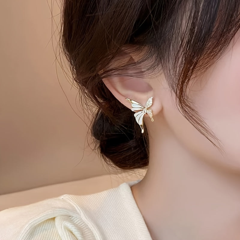 Butterfly Stud Earrings, Sweet Petite Wings With Rhinestones, Fashionable Simple Korean Style