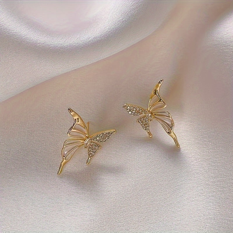 Butterfly Stud Earrings, Sweet Petite Wings With Rhinestones, Fashionable Simple Korean Style