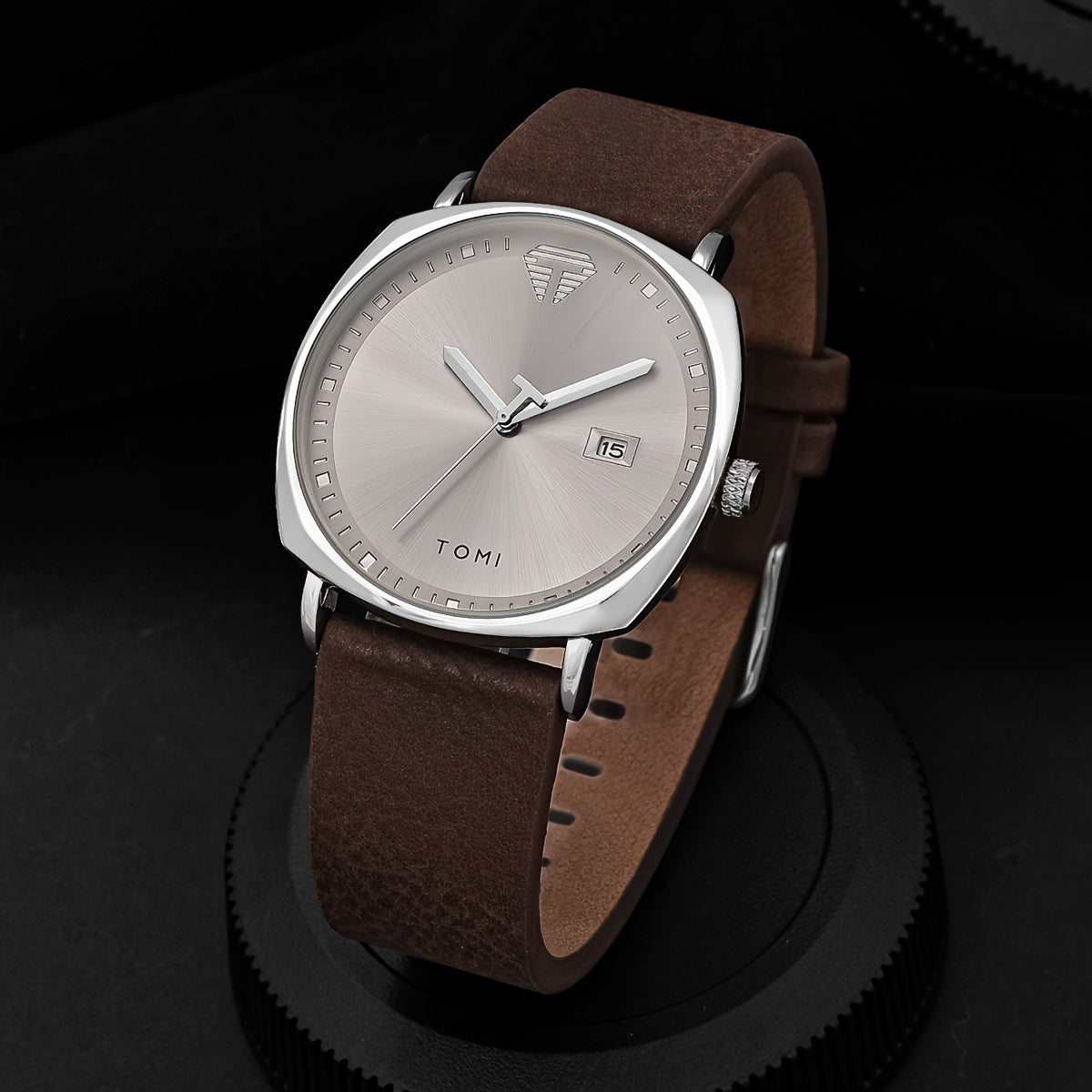 TOMI Men'S Simple Style Quartz Watch with Moon Phase Calendar, Rectangle Case, Faux Leather Band, Non-Rechargeable Battery