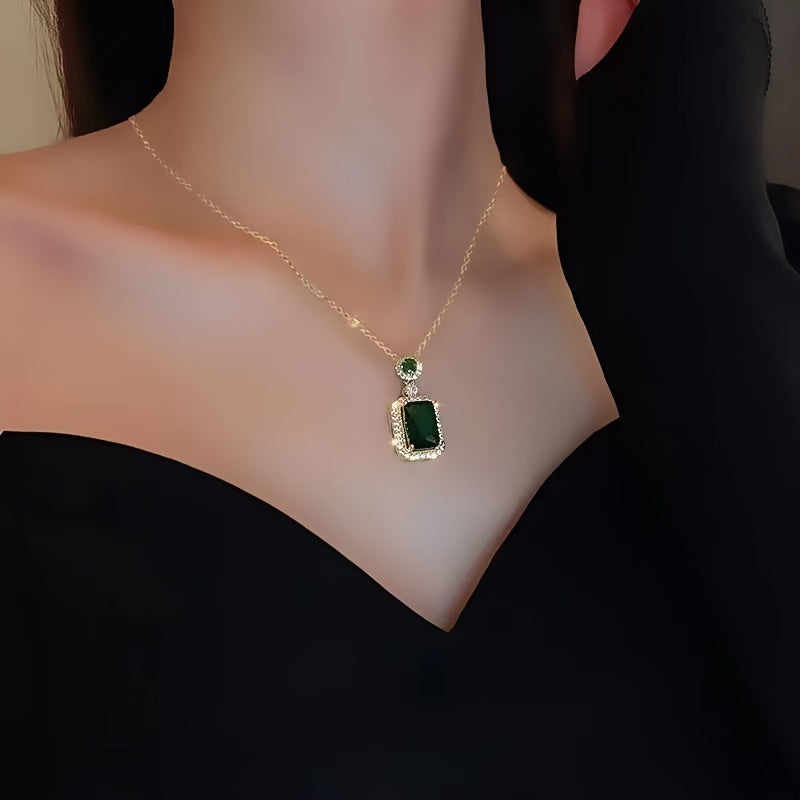 4-Piece Luxury Jewelry Set for Women, Retro Style Dark Green Glass Pendant Necklace and Earrings with Alloy Base