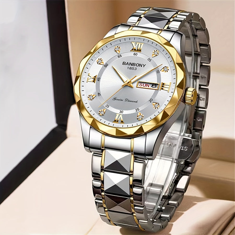 Stainless Steel Strap Men's Roman Numerals Dial Rhinestones Multifunctional Watch