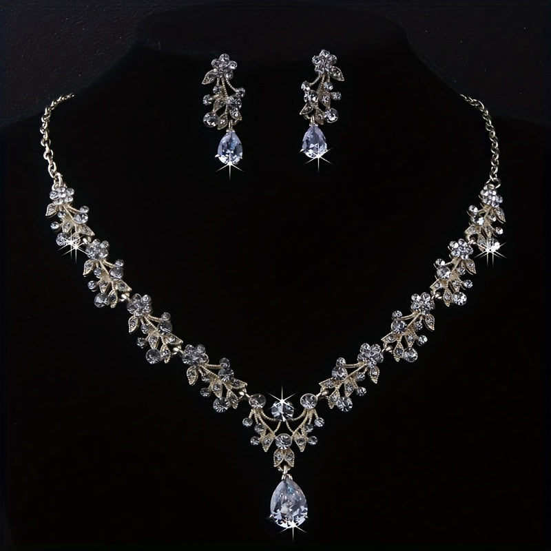 Golden Silvery Zircon Rhinestone Necklace & Earrings