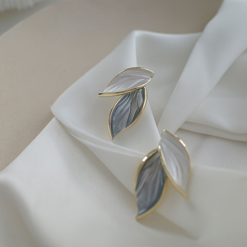 Double Leaf Design Stud Earrings Alloy Jewelry Elegant Simple Style For Women