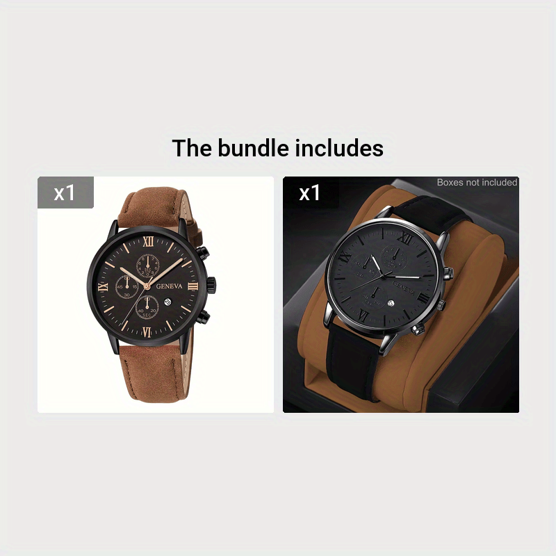 Geneva Vintage Men's Quartz Watch, Round Alloy Case, Analog Display, with Date Feature, PU Leather Strap, Battery Powered (Button Battery)