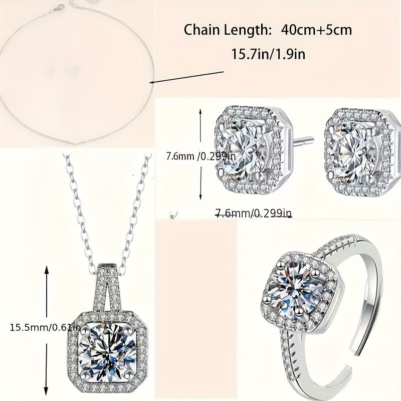 Cuboid Shiny Zirconia Inlaid Stud Earrings & Pendant Necklace & Ring Elegant Luxury Style Delicate Female Gift
