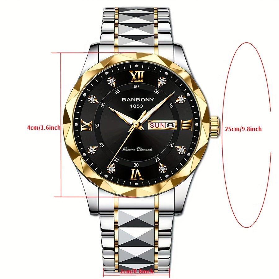 Stainless Steel Strap Men's Roman Numerals Dial Rhinestones Multifunctional Watch