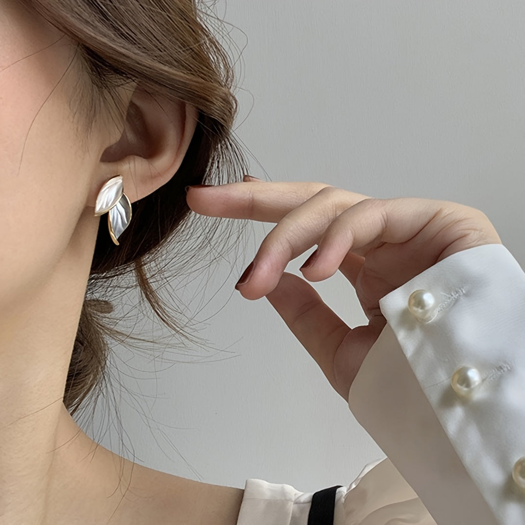 Double Leaf Design Stud Earrings Alloy Jewelry Elegant Simple Style For Women