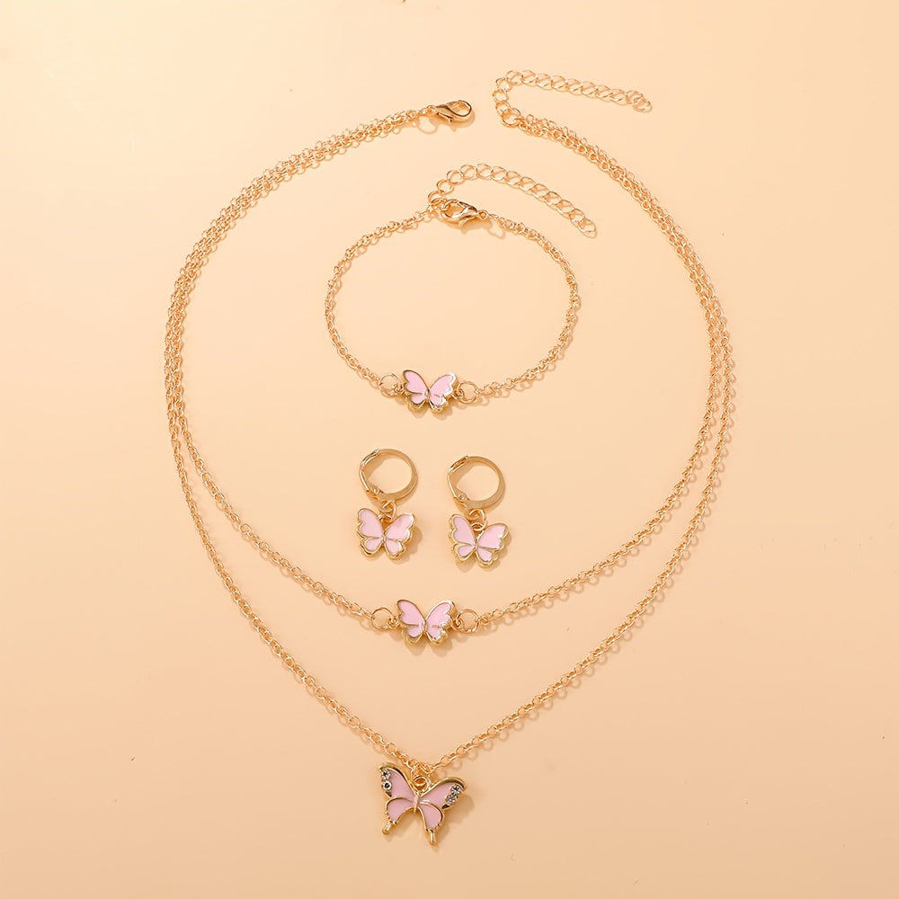4-Piece Butterfly Jewelry Set , Alloy No-Plating Jewelry with Plastic Mosaic - Includes Necklace, Bracelet, Earrings