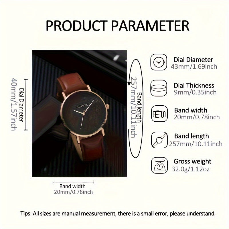 GENEVA Men's Fashionable Elegant Quartz Watch, Round Case, PU Leather Strap, Alloy Body, Non-Wireless, Non-Rechargeable Battery (Button Cell, Diameter < 20mm)