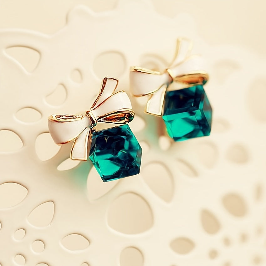 Elegant Bowknot Crystal Square Stud Earrings - Alloy, Perfect for Casual Attire & Gifting