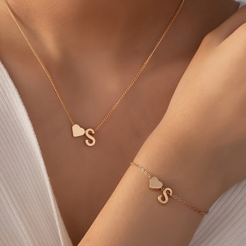 Set of Small Peach Heart Letter Necklace and Bracelet for Women