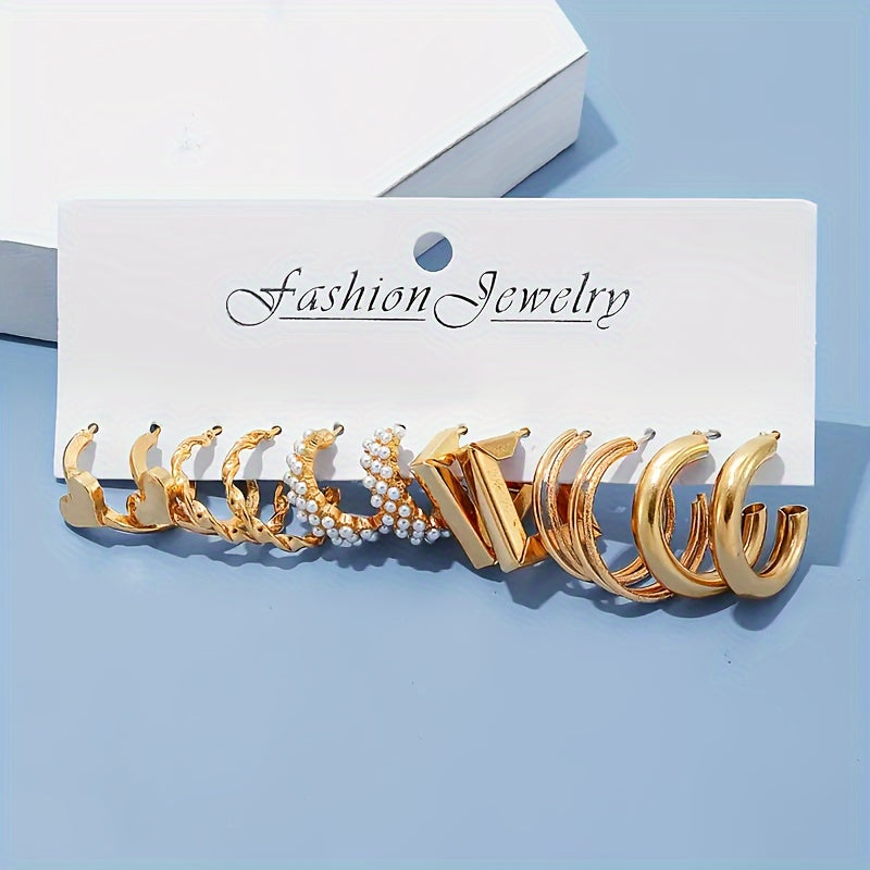 6 Pairs Set Of Tiny Delicate Hoop Earrings With Creative Heart