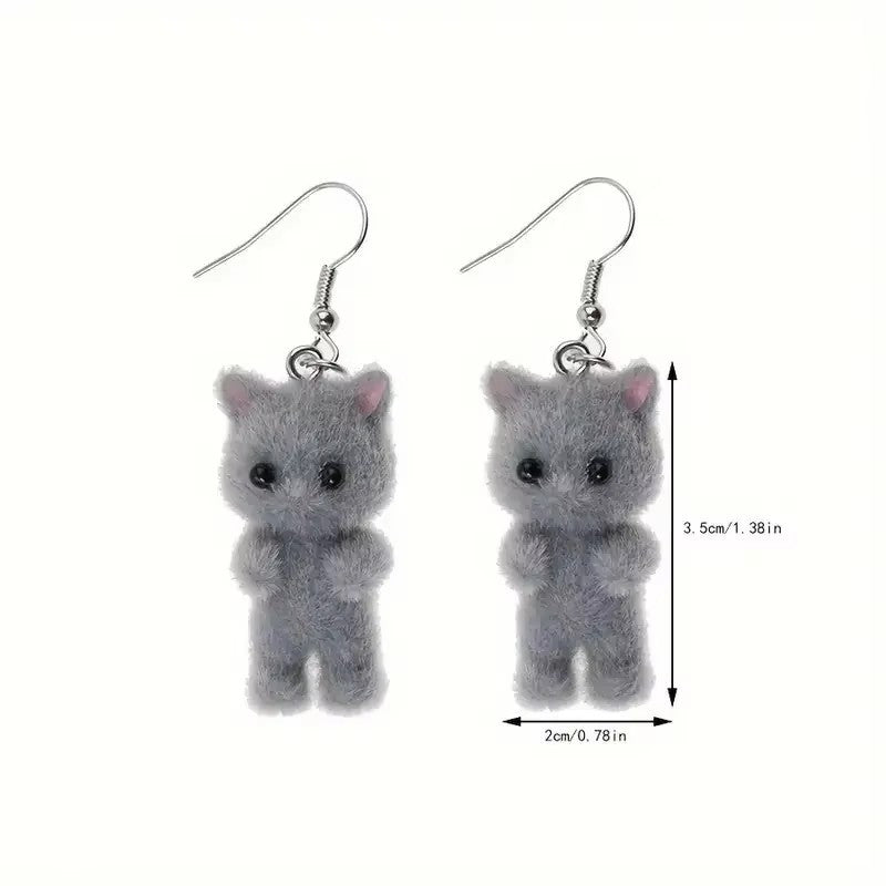 Cute Flocked Cat Earrings - White & Gray with Pink Accents, Perfect Gift for Women