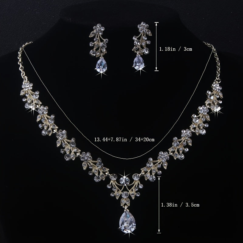 Golden Silvery Zircon Rhinestone Necklace & Earrings