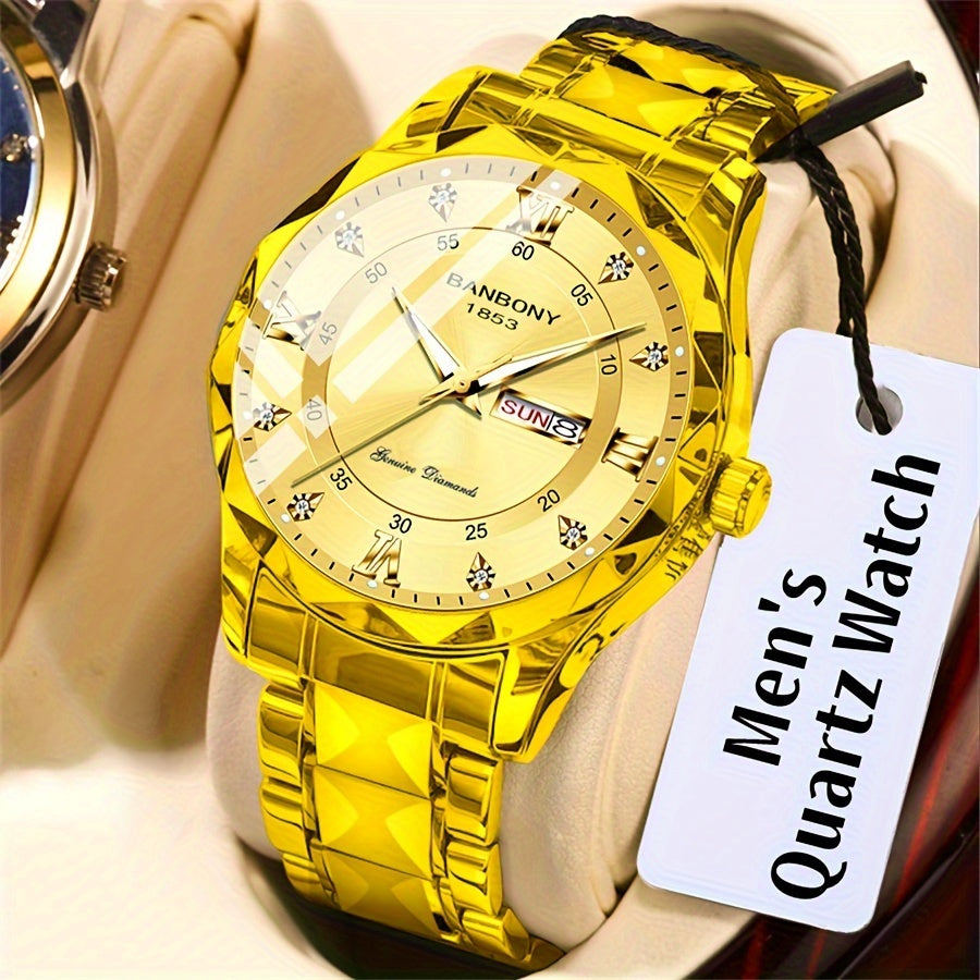 Stainless Steel Strap Men's Roman Numerals Dial Rhinestones Multifunctional Watch