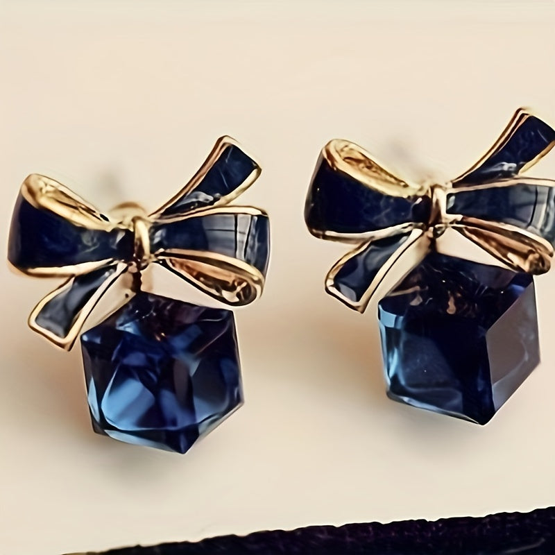 Elegant Bowknot Crystal Square Stud Earrings - Alloy, Perfect for Casual Attire & Gifting