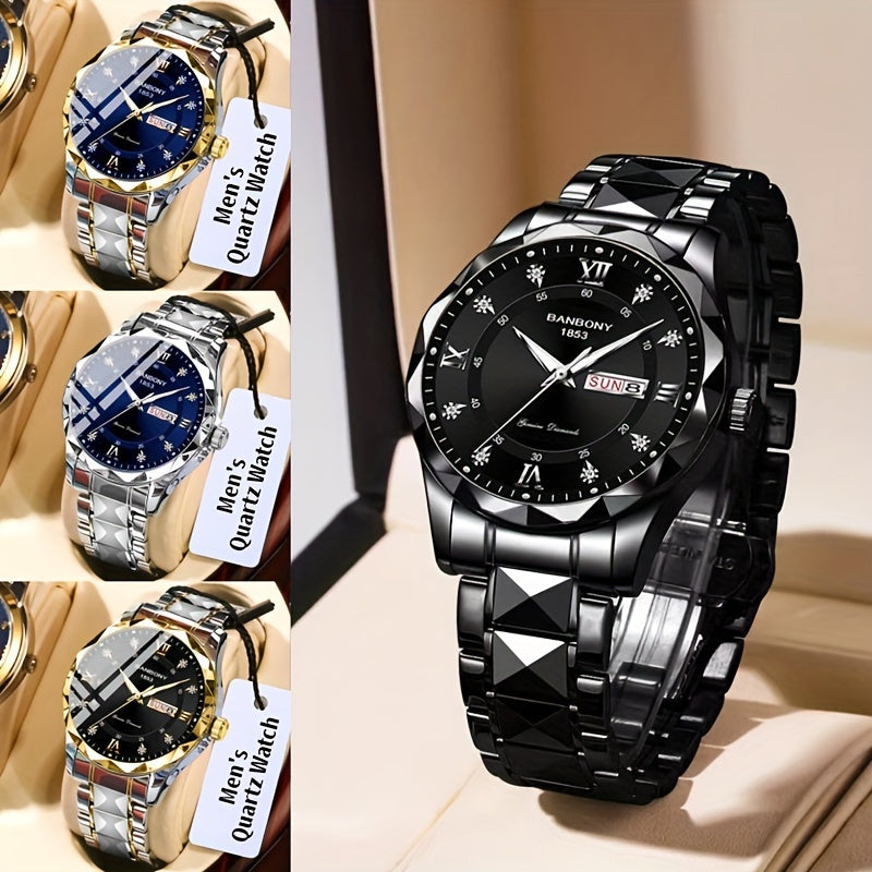 Stainless Steel Strap Men's Roman Numerals Dial Rhinestones Multifunctional Watch