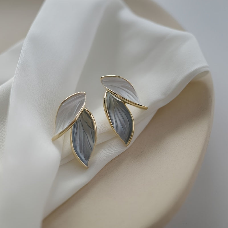 Double Leaf Design Stud Earrings Alloy Jewelry Elegant Simple Style For Women
