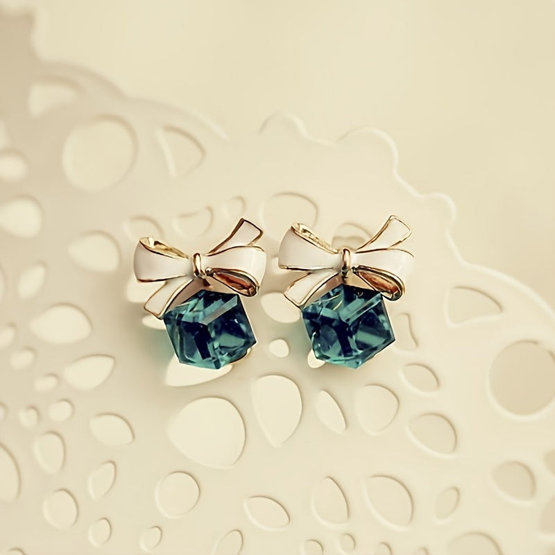 Elegant Bowknot Crystal Square Stud Earrings - Alloy, Perfect for Casual Attire & Gifting