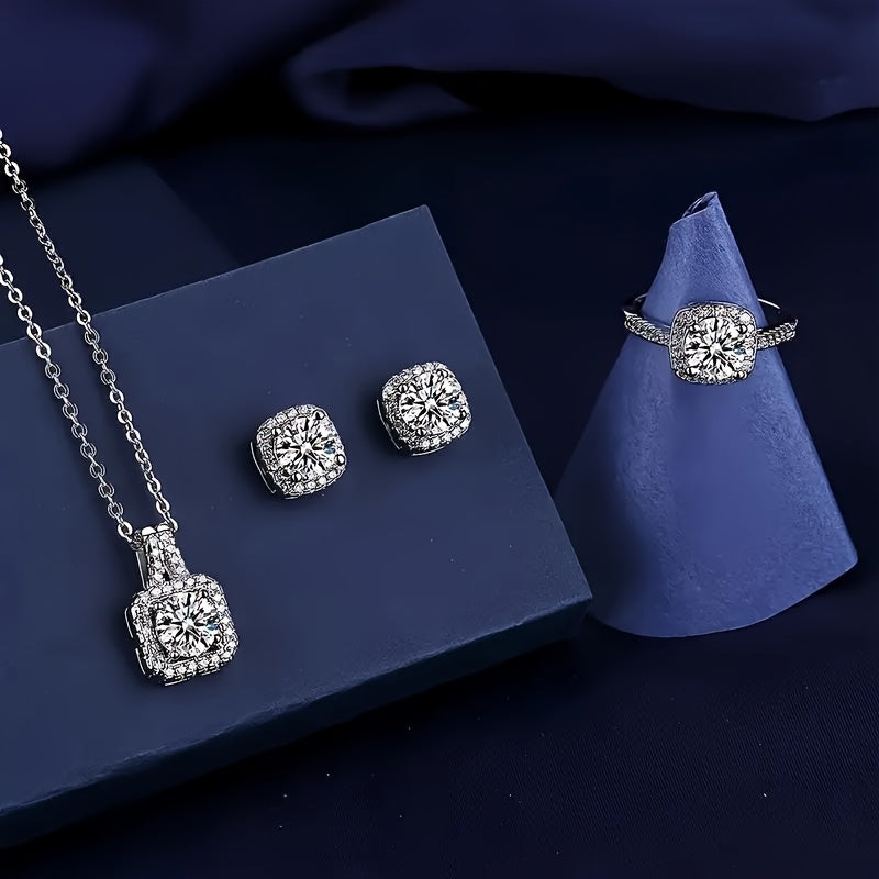 Cuboid Shiny Zirconia Inlaid Stud Earrings & Pendant Necklace & Ring Elegant Luxury Style Delicate Female Gift