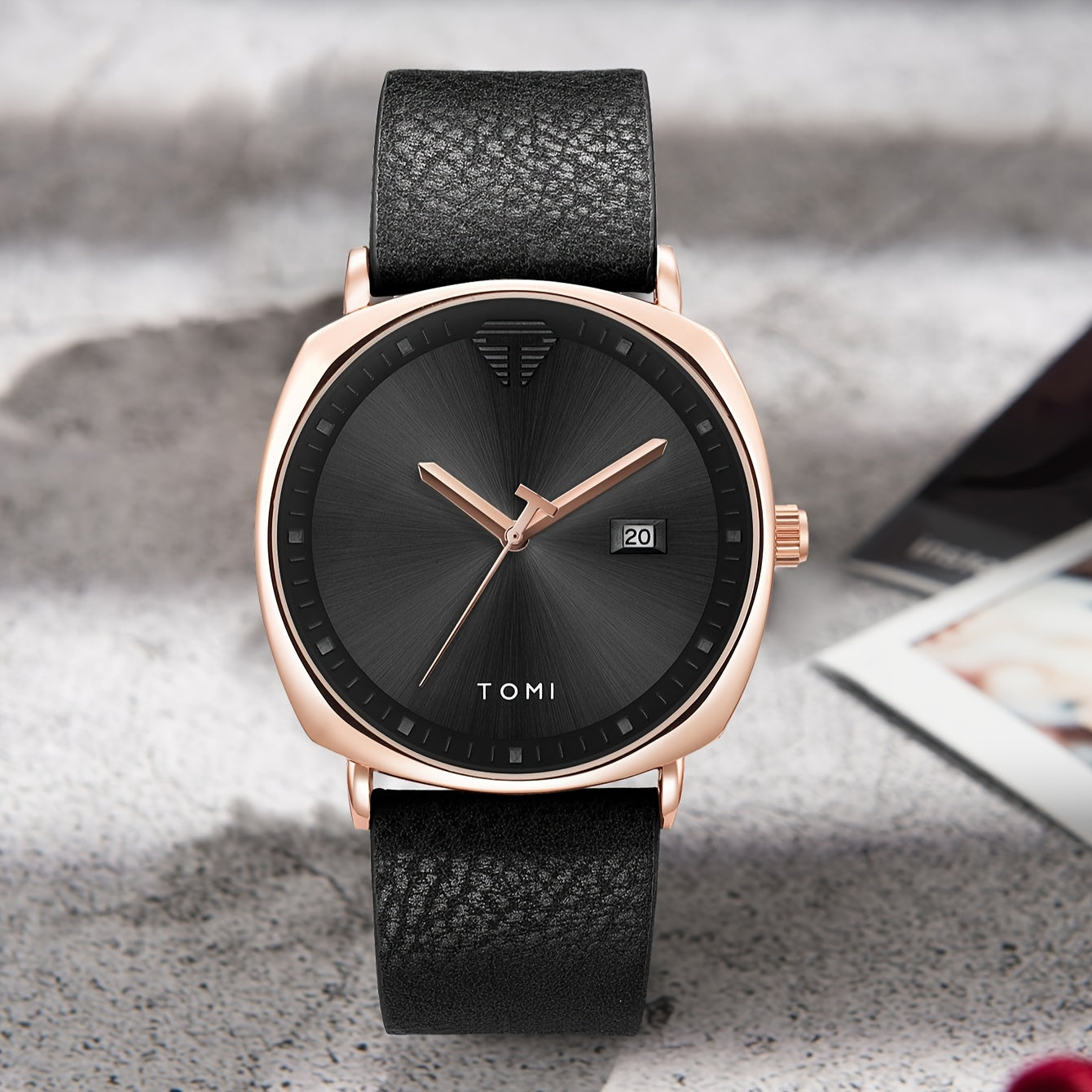 TOMI Men'S Simple Style Quartz Watch with Moon Phase Calendar, Rectangle Case, Faux Leather Band, Non-Rechargeable Battery