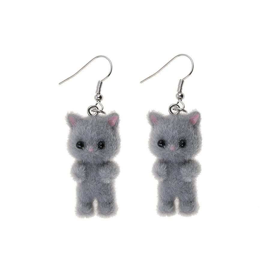 Cute Flocked Cat Earrings - White & Gray with Pink Accents, Perfect Gift for Women