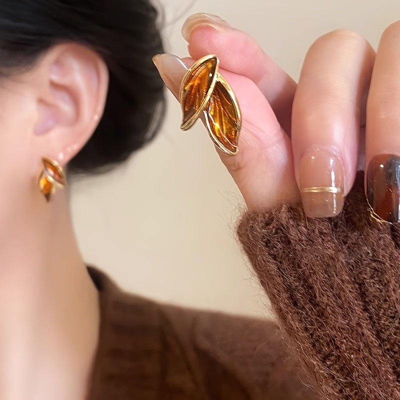 Double Leaf Design Stud Earrings Alloy Jewelry Elegant Simple Style For Women