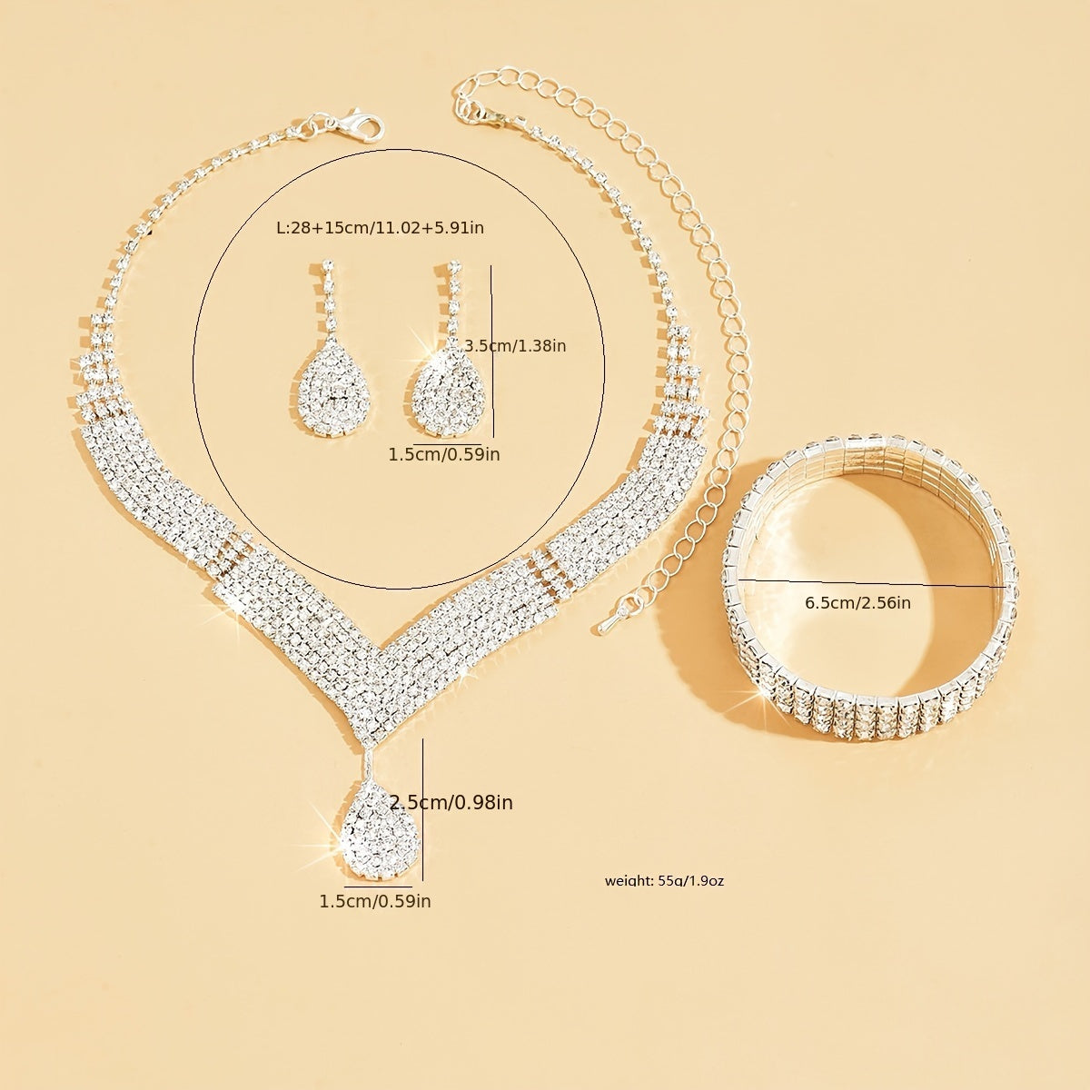 1 Necklace + 1 Pair of Earrings + 1 Bracelet Bridal Jewelry Set