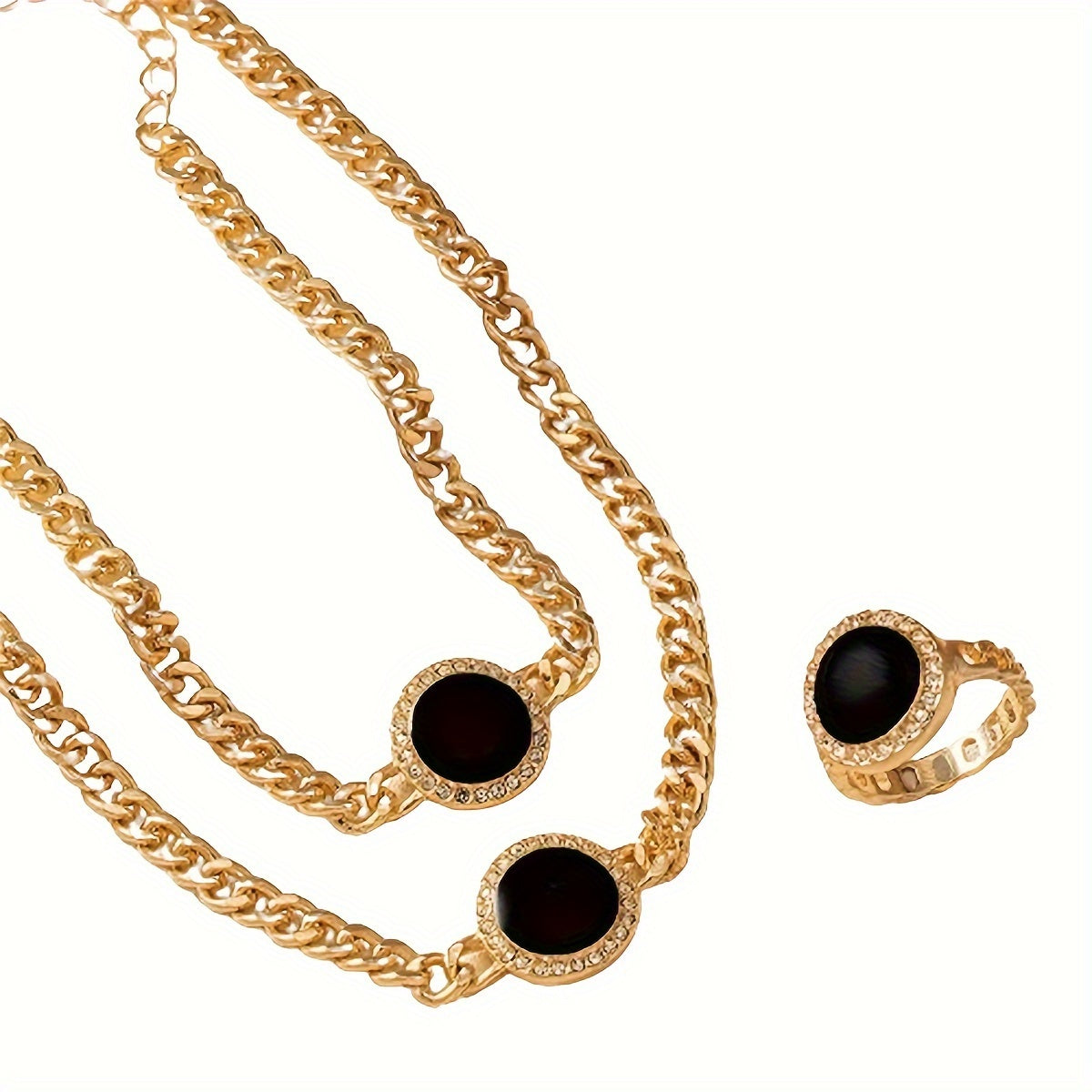 Simple and elegant black round necklace, ring, bracelet, three-piece set