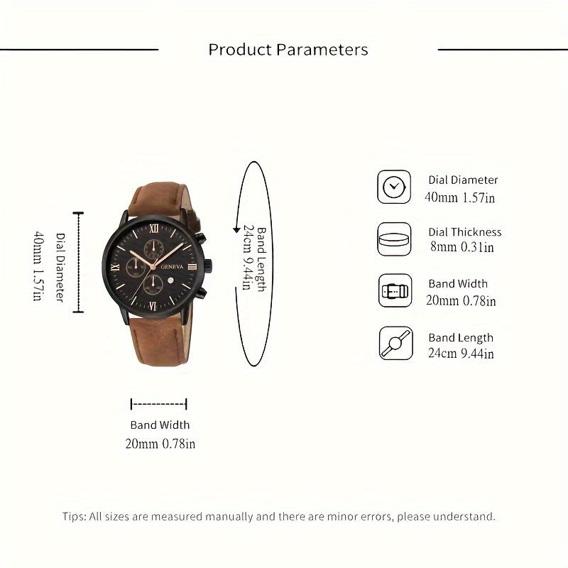 Geneva Vintage Men's Quartz Watch, Round Alloy Case, Analog Display, with Date Feature, PU Leather Strap, Battery Powered (Button Battery)