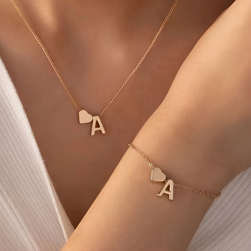 Set of Small Peach Heart Letter Necklace and Bracelet for Women