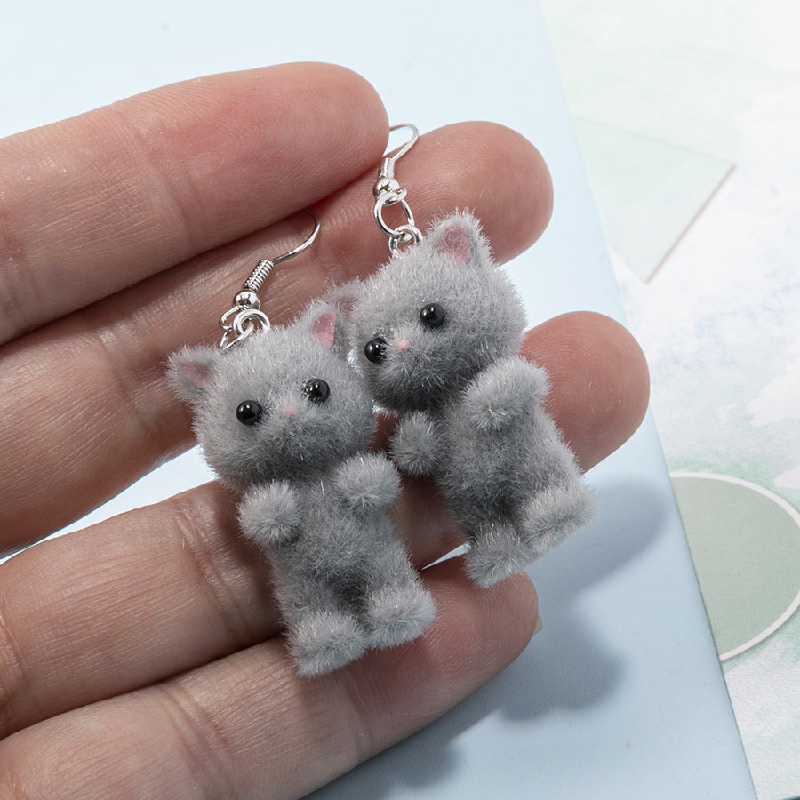 Cute Flocked Cat Earrings - White & Gray with Pink Accents, Perfect Gift for Women