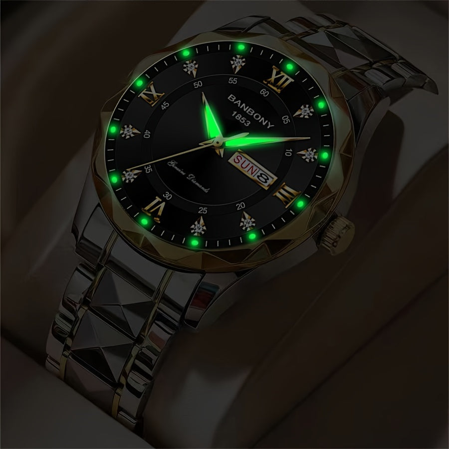 Stainless Steel Strap Men's Roman Numerals Dial Rhinestones Multifunctional Watch