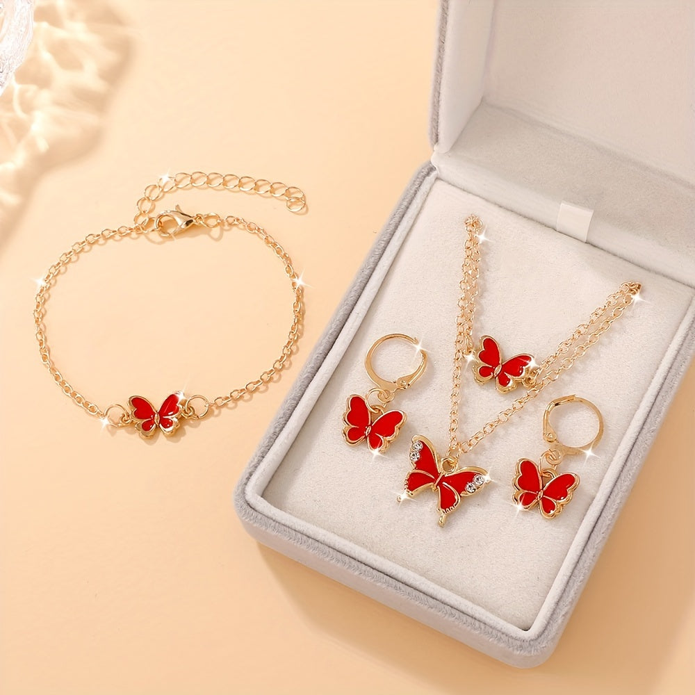 4-Piece Butterfly Jewelry Set , Alloy No-Plating Jewelry with Plastic Mosaic - Includes Necklace, Bracelet, Earrings