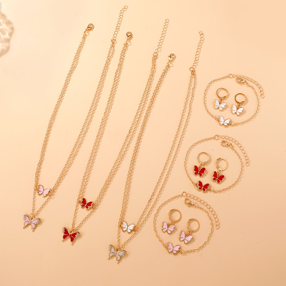 4-Piece Butterfly Jewelry Set , Alloy No-Plating Jewelry with Plastic Mosaic - Includes Necklace, Bracelet, Earrings